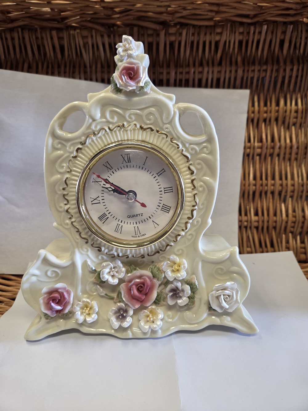 Cream Porcelain Floral Mantel Clock with Pink Rose Accents